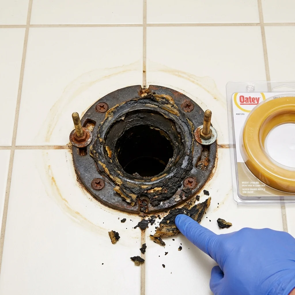 Failed wax ring showing water seepage at the base of a toilet in a Brooklet, GA home