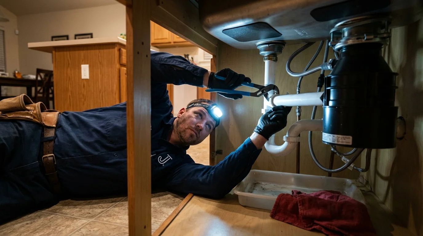 P-trap and supply line connections under a kitchen sink showing a common leak point in Brooklet, GA